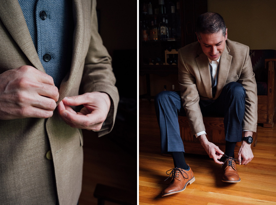 Rochester groom getting ready tying his shoe